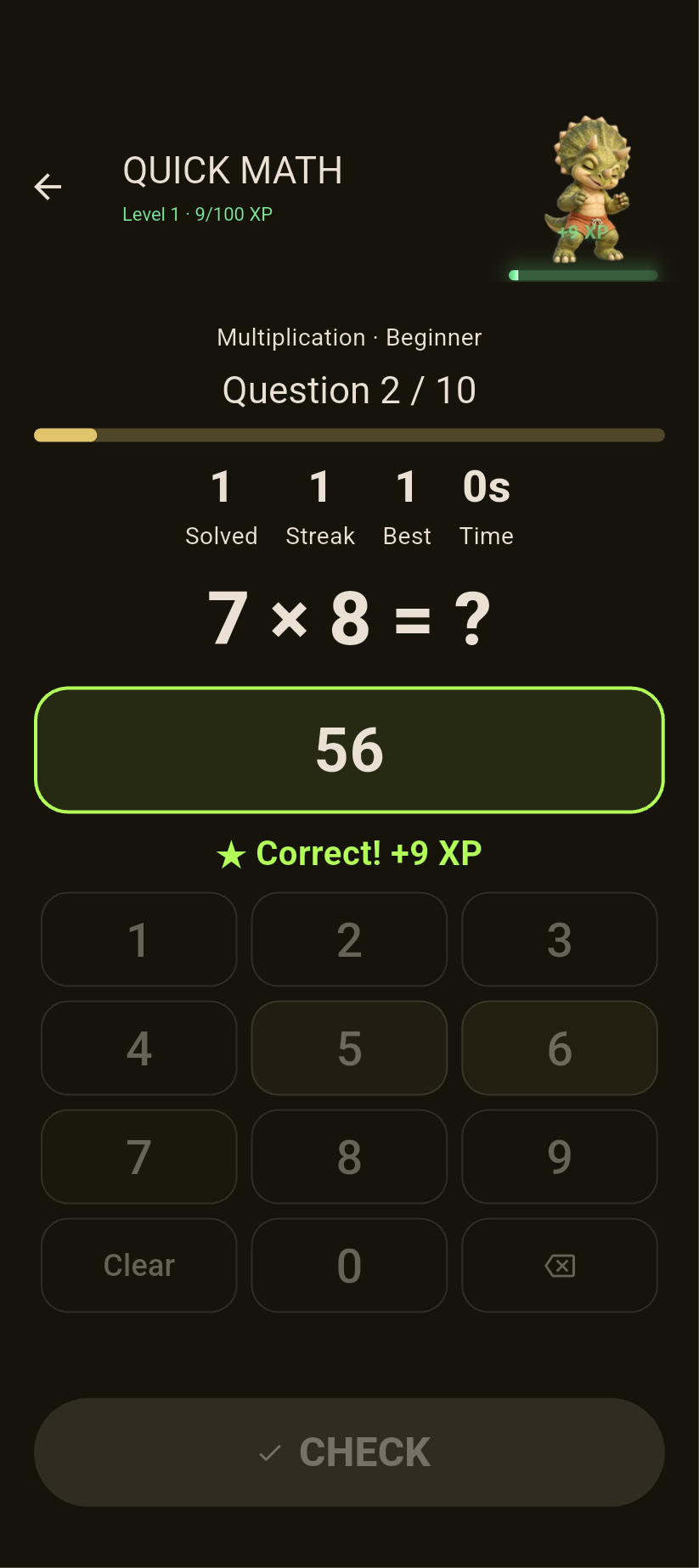 Actual Conclave Android gameplay: Quick Math with a baby triceratops, green experience bar, numeric keypad and Check button